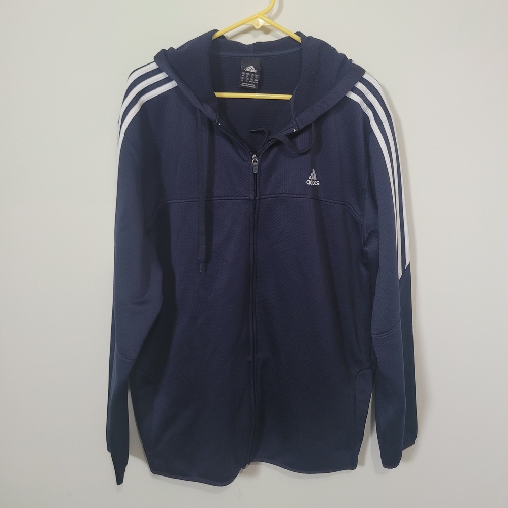 Adidas XL Full Zip Hoodie Mens Navy Blue 3 Stripe Fleece Performance Jacket